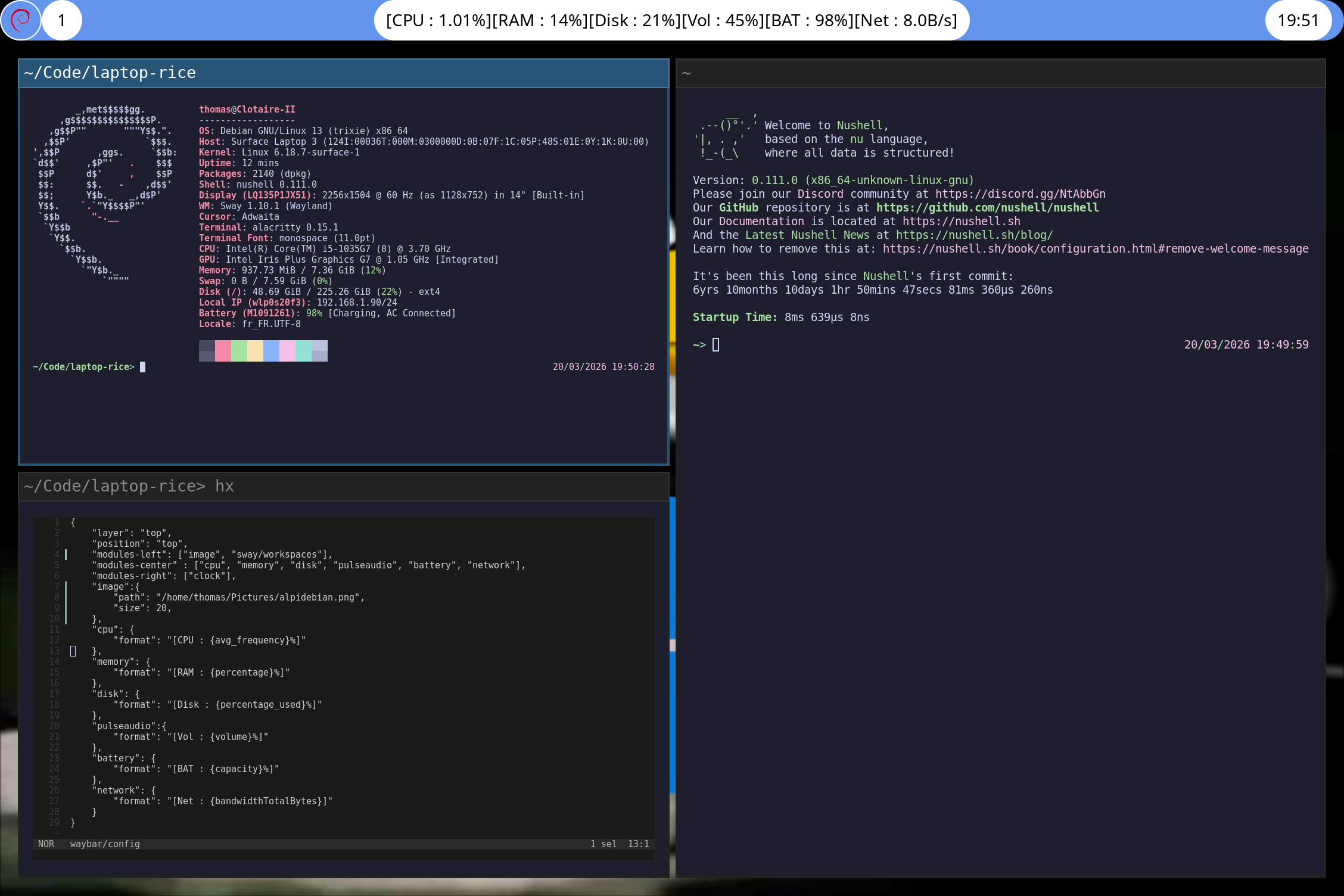 Une capture d'ecran d'un environnement de bureau personnalise Sway present sur un systeme linux Debian